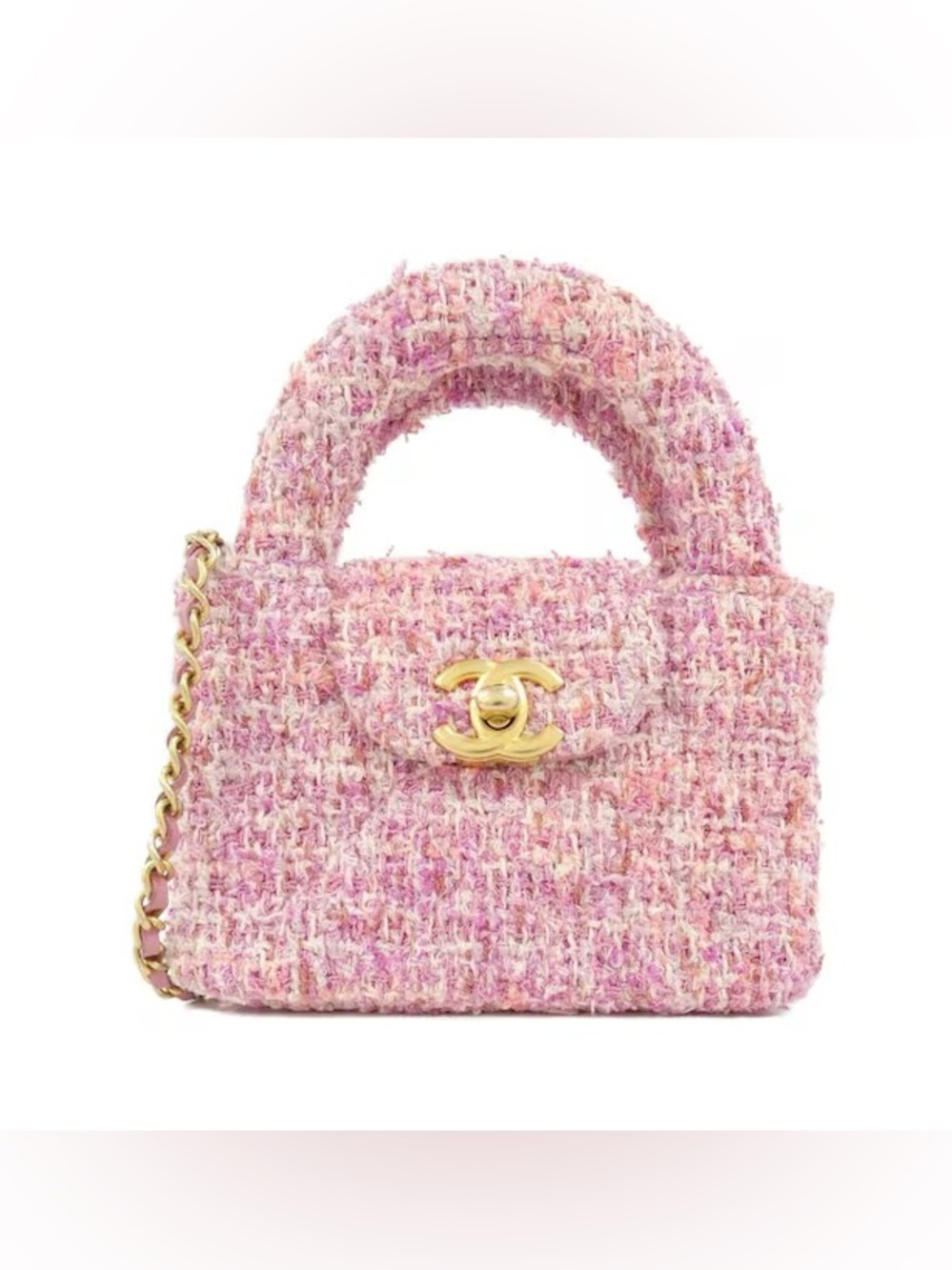 CHANEL Kelly Top Handle Nano Mini Shopper Chain Clutch Tweed Pink